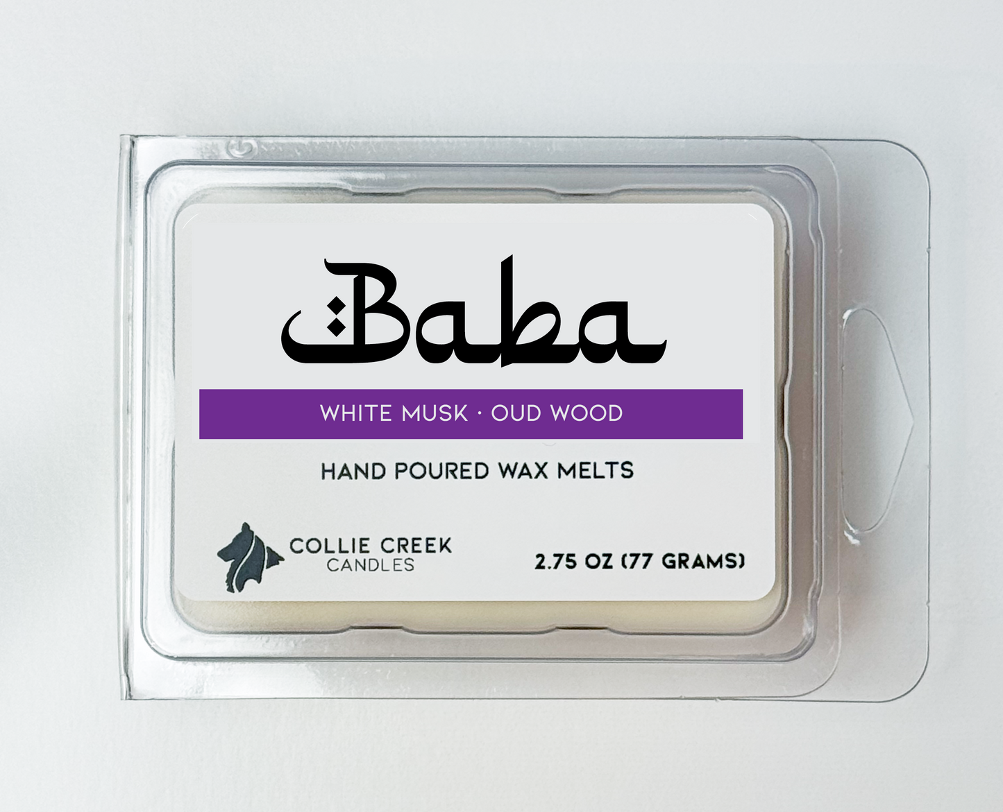 Baba wax melts packaging with white background