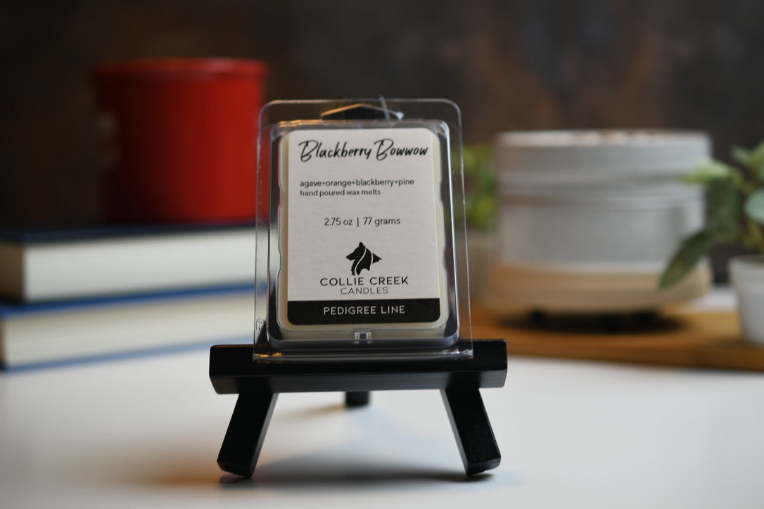 Blackberry Bowwow wax melt a 2.75 oz (77 gram) product in a clear plastic clam shell container.