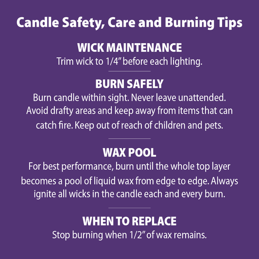 A purple informational graphic with white text titled 'Candle Safety, Care and Burning Tips' and five bullet-point sections covering wick maintenance, safe burning, wax pool, and when to replace.