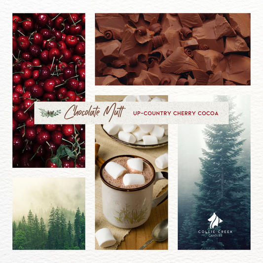 Cherry cocoa up country soy blend wax candle mood board.