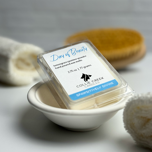 Wax melt called Day of Beauty from Collie Creek Candles sitting in bathroom setting