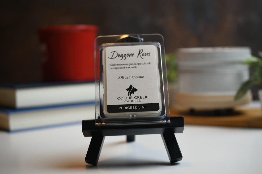 Doggone Roses wax melt a 2.75 oz (77 gram) product in a clear plastic clam shell container.