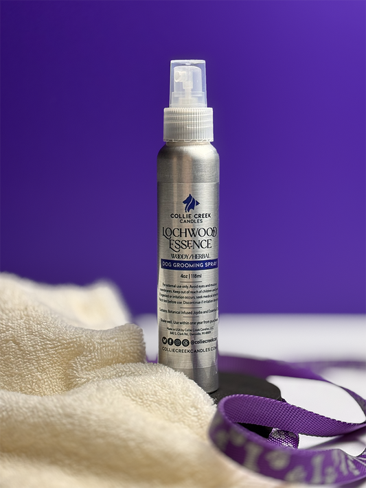 Silver aluminum misting spray bottle with clear cap on a white table with a whit towel and purple, paw-print dog leash.