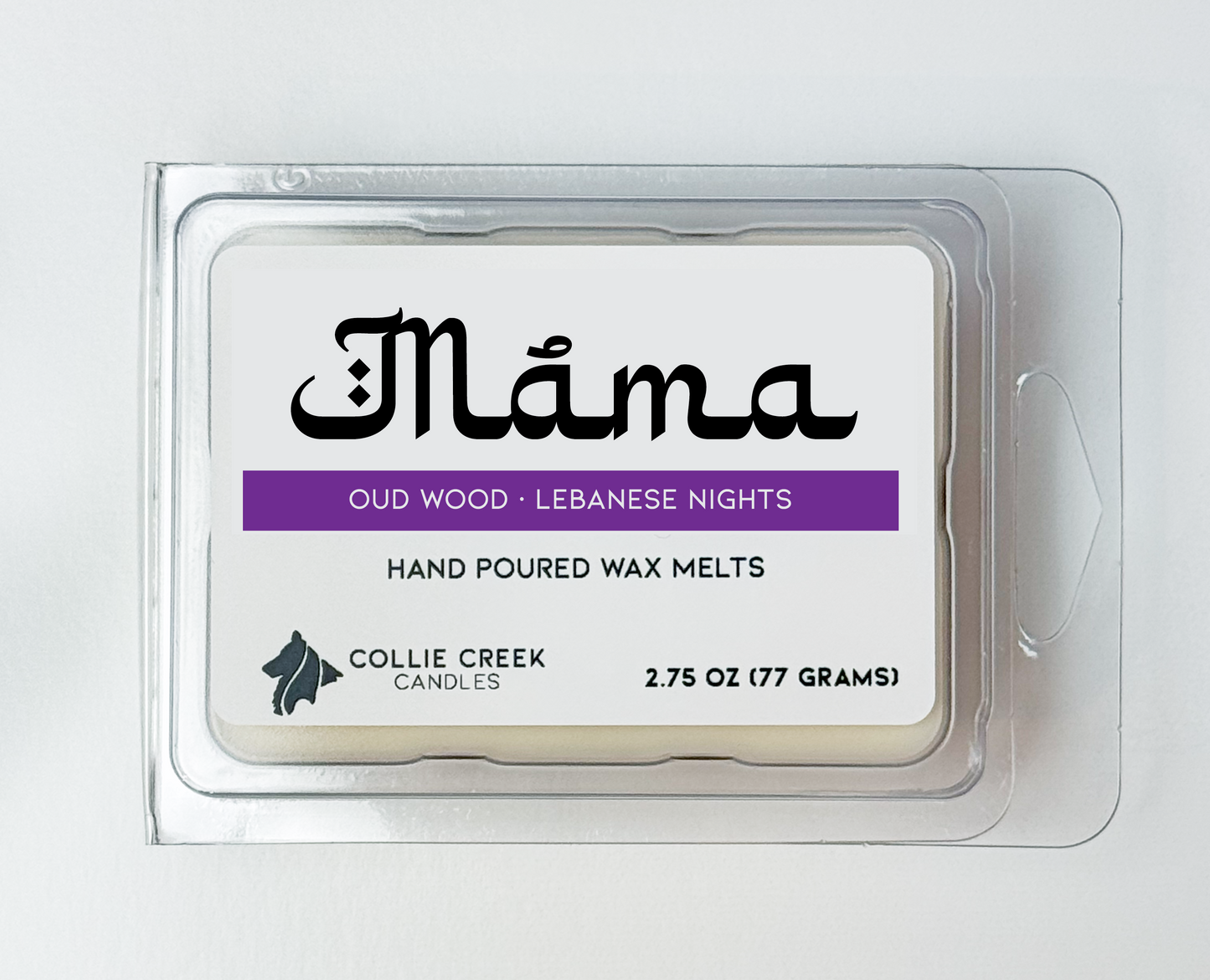 Pack of Collie Creek Candles wax melts with 'Mama' branding on a white background