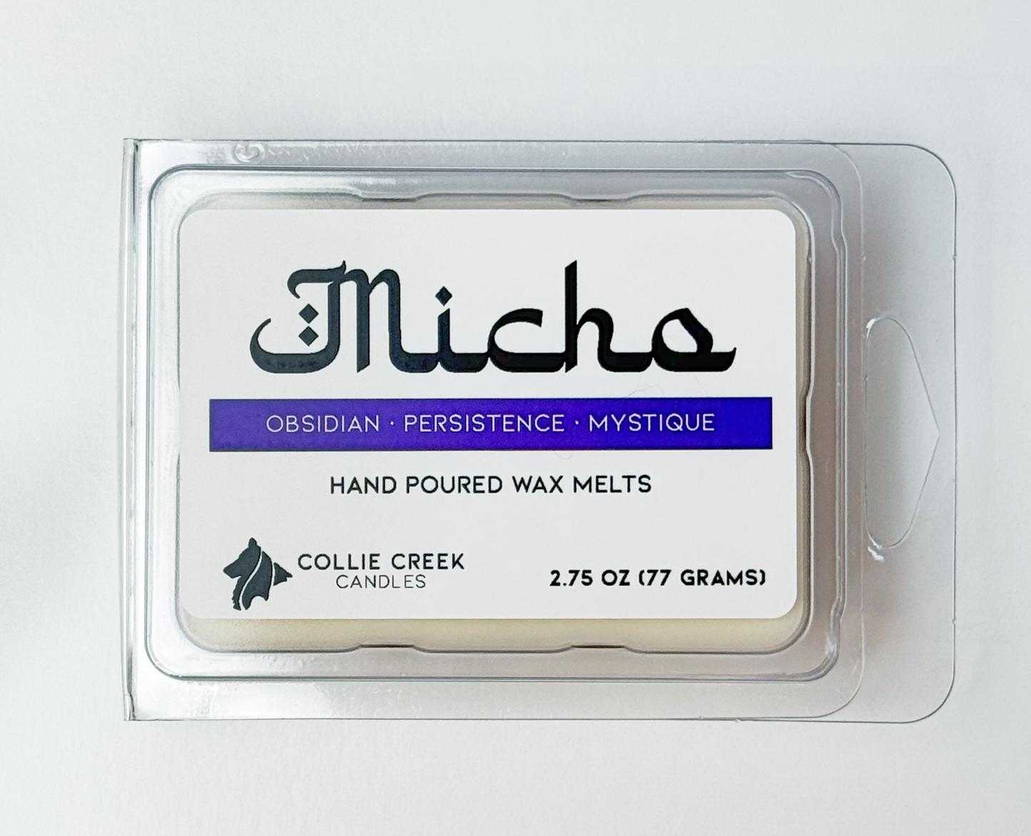 Micho wax melts packaging with brand name and product details on a white background