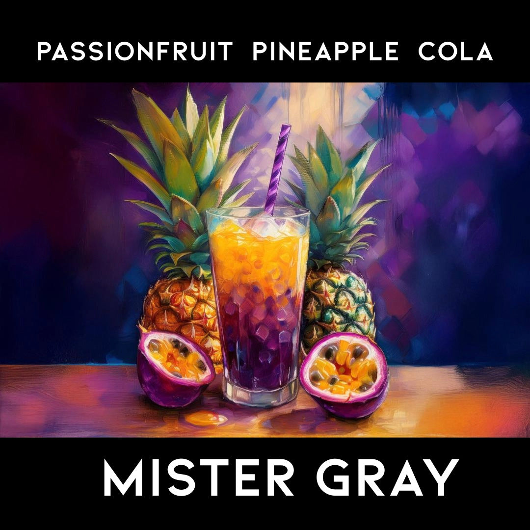 An AI generated multi colored image with pineapples and passionfruits next to a glass with ice and a drink and purple straw.