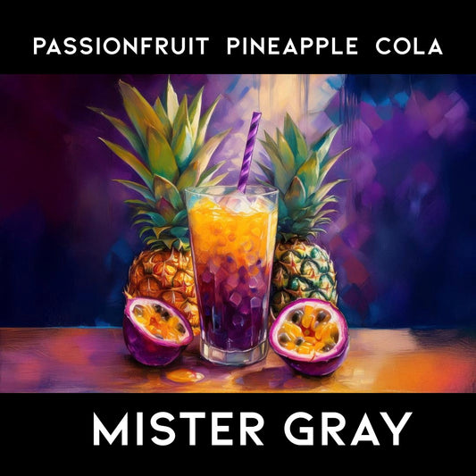 An AI generated multi colored image with pineapples and passionfruits next to a glass with ice and a drink and purple straw.