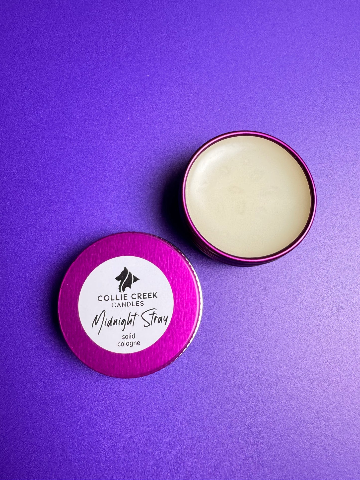 Solid cologne in lavender scent in a purple tin.