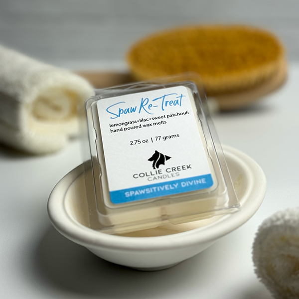 Wax melt called Spa Retreat from Collie Creek Candles sitting in bathroom setting