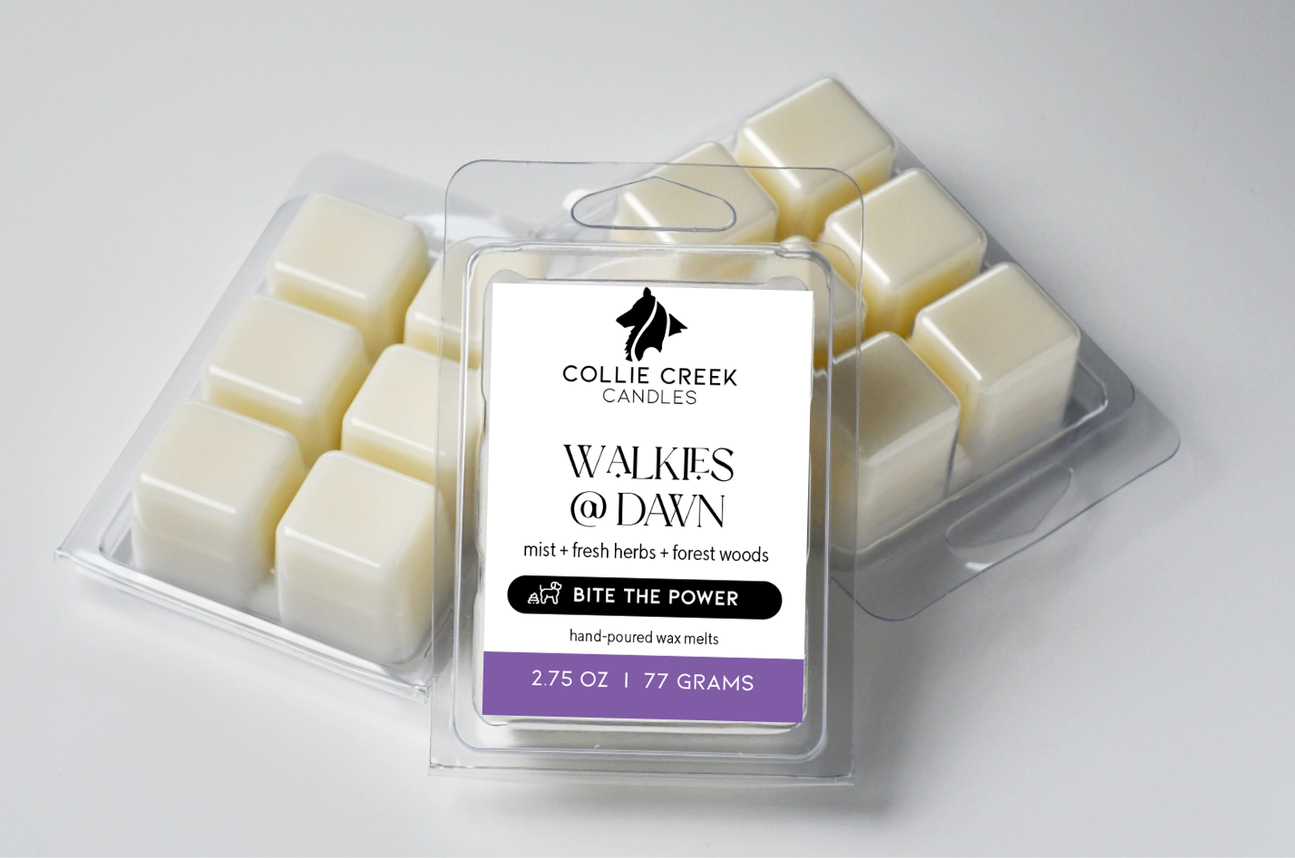 Grouping of 3 naturally colored wax melts. Label is white with black text and reads Walkies at Dawn from the Bite the Power Collection.