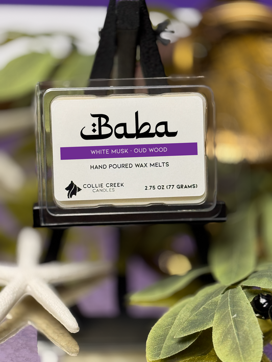 Baba wax melt packaging with a decorative background
