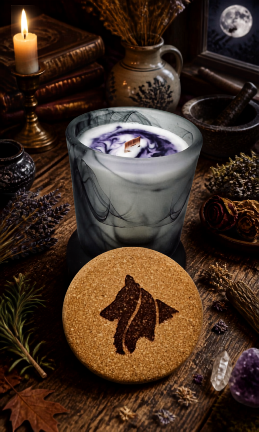 A styled product shot featuring a marbled gray and white candle with a purple wax swirl and wick, alongside a round cork lid burned with the Collie CreekCandles logo. The scene is set on a rustic wooden table surrounded by candles, books, dried herbs, crystals, and a moon peeks thru a window from outside. Scene is AI generated. Product shot with iPhone.