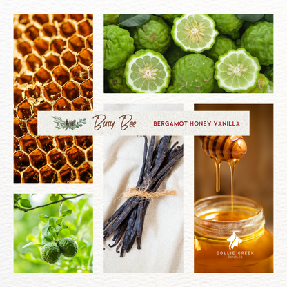 Busy Bee mood board with images of honey, vanilla and bergamot.