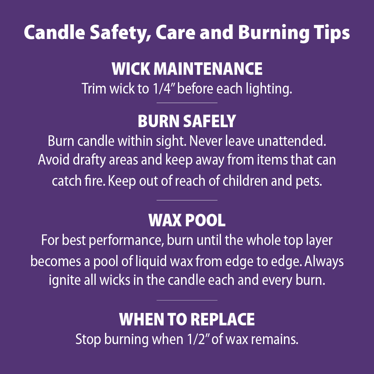 A purple informational graphic with white text titled 'Candle Safety, Care and Burning Tips' and five bullet-point sections covering wick maintenance, safe burning, wax pool, and when to replace.