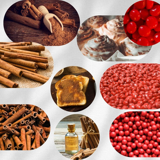 Various sized ovals with cinnamon imagery inside ranging from cinnamon toast, cinnamon sticks to red hot candies.