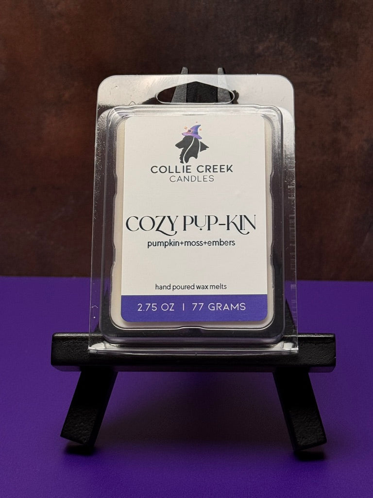 Collie Creek Candles Cozy Pup-Kin wax melt packaging on a dark background