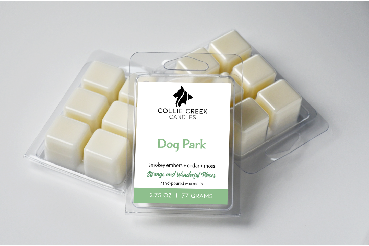 Collie Creek Candles Dog Park wax melts packaging on a white background