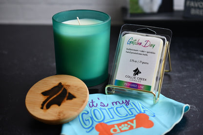 Frosted teal, single wick candle and 6-cell clamshell of Gotcha Day scented wax melt on a black surface with a dog bandana that reads "it's my gotcha day" in the foreground.