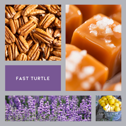 Fast Turtle mood board with images such as caramel, pecans, lemons and flowers.