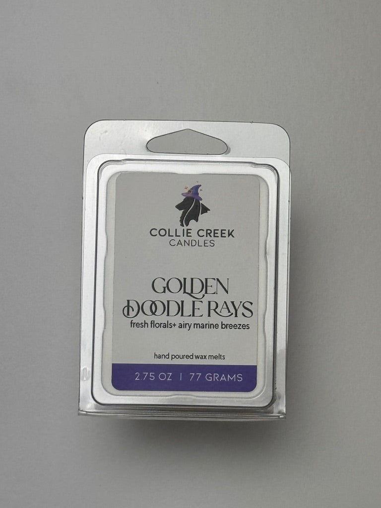 Collie Creek Candles Golden Doodle Rays wax melt packaging on a gray background