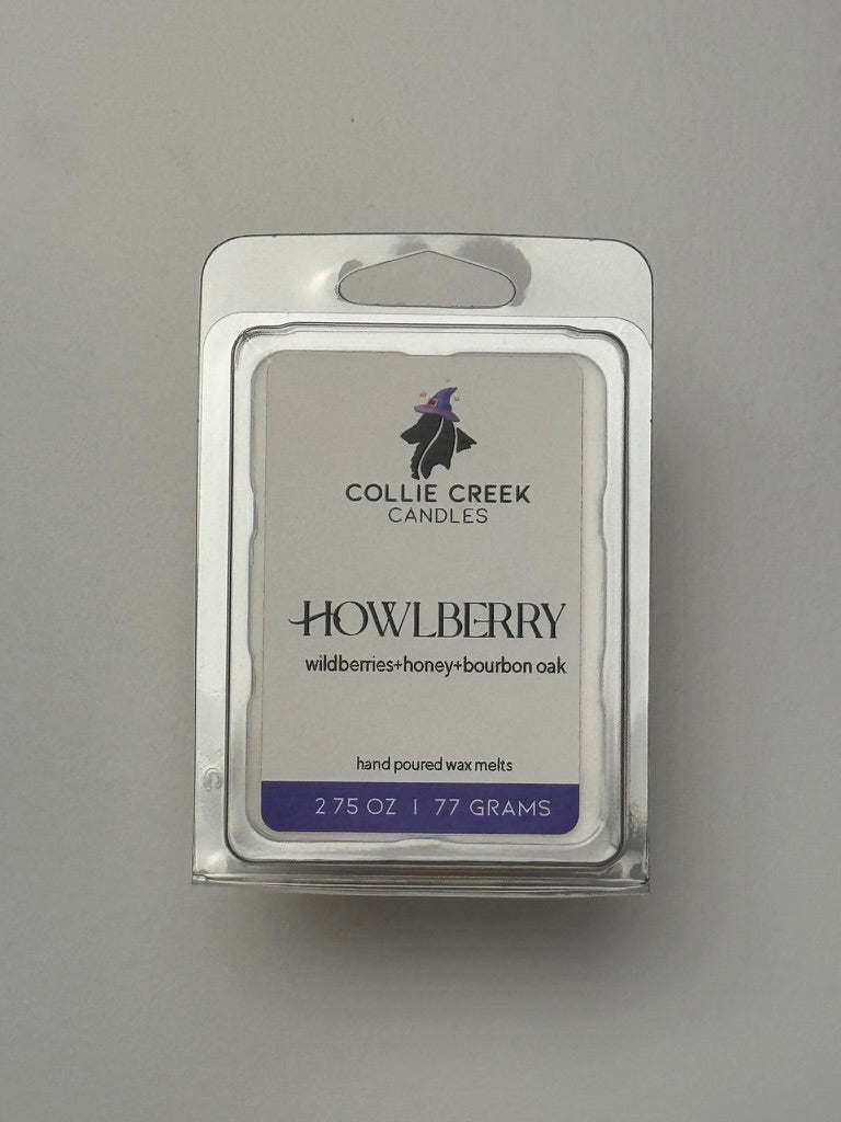 Collie Creek Candles Howlberry wax melt packaging on a gray background