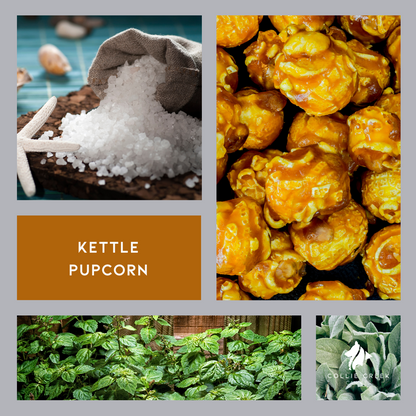 Kettle Pupcorn moodboard with images of sea salt, caramel popcorn and patchouli plants.