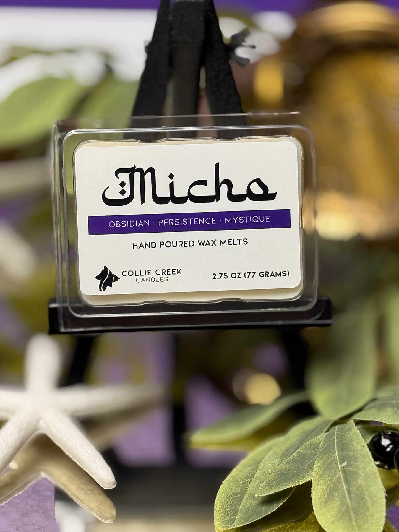 Micha hand poured wax melts packaging with decorative background