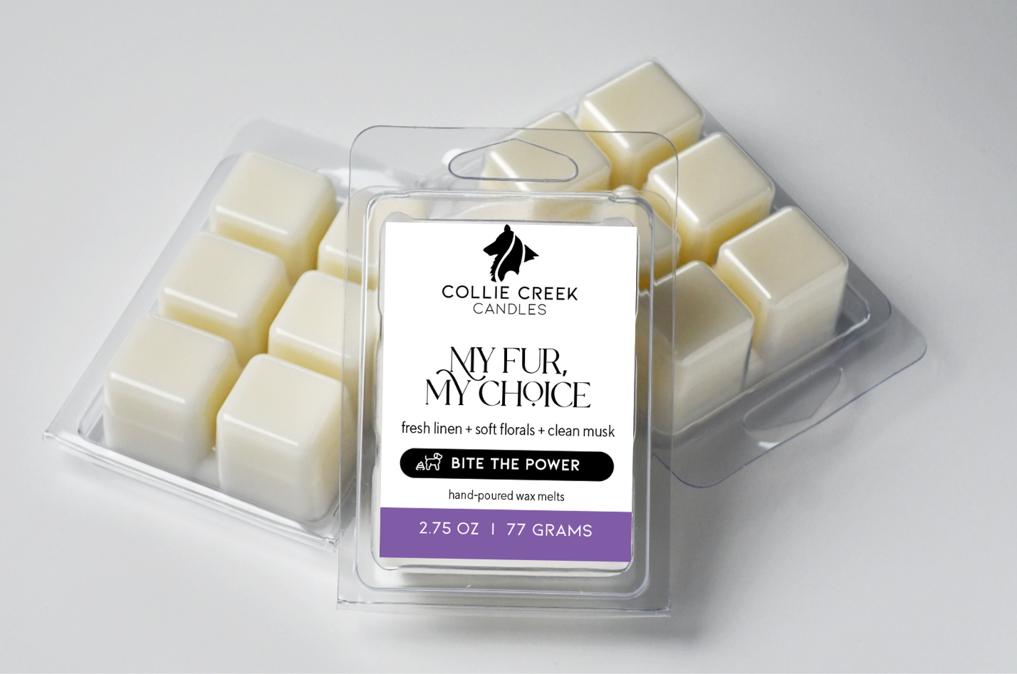 Grouping of 3 naturally colored wax melts. Label is white with black text and reads My Fur, My Choice from the Bite the Power Collection.