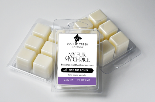 Grouping of 3 naturally colored wax melts. Label is white with black text and reads My Fur, My Choice from the Bite the Power Collection.