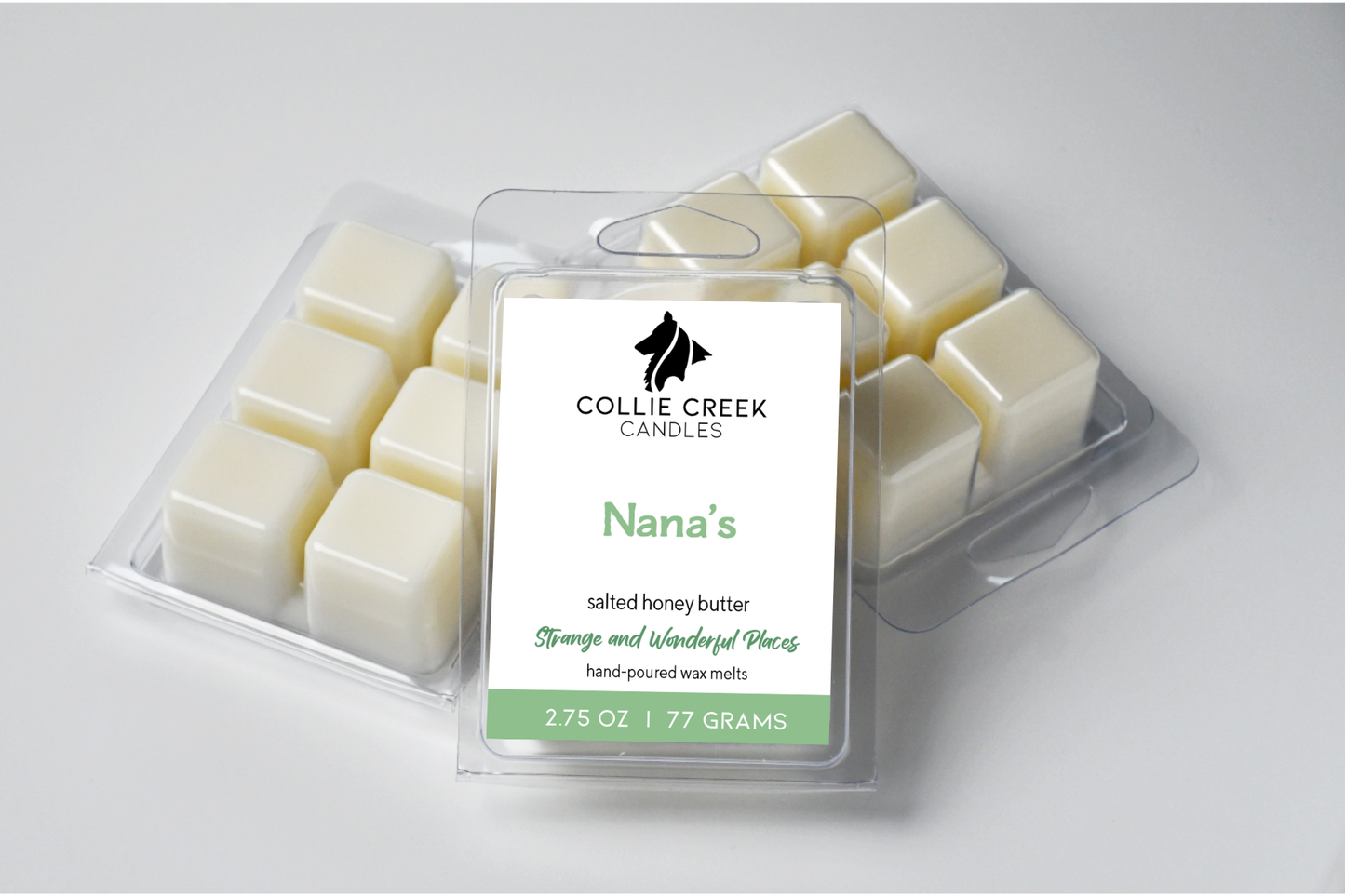 Collie Creek Candles wax melts packaging on a white background