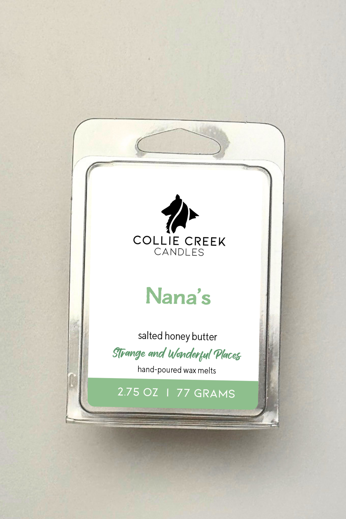 Collie Creek Candles packaging with 'Nana's' flavor on a light gray background