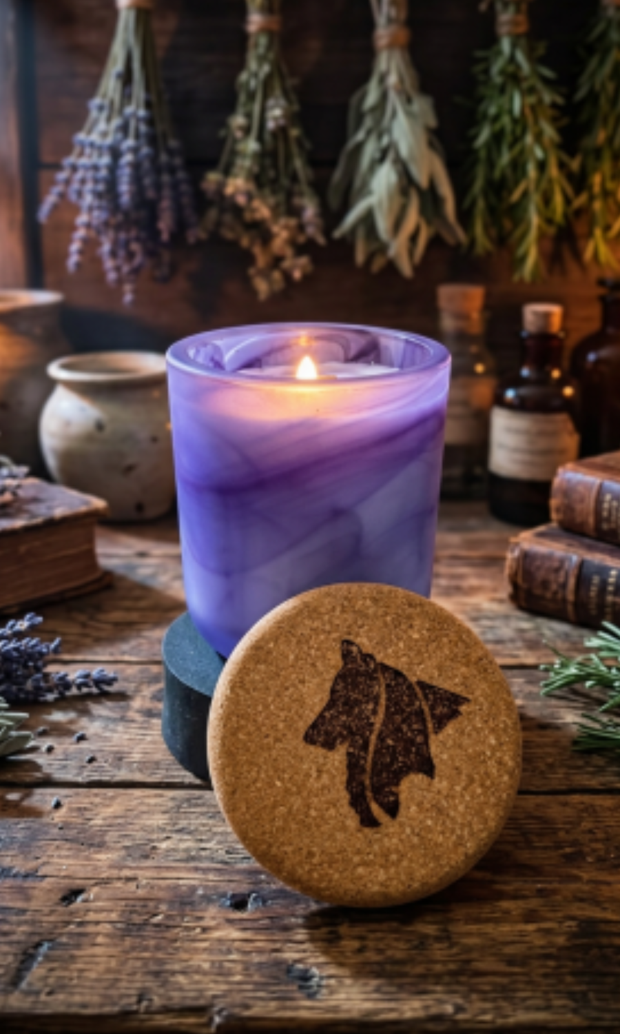 A styled product shot featuring a marbled purple and white candle with a purple wax swirl and wick, alongside a round cork lid burned with the Collie Creek Candles logo. The scene is set on a rustic wooden table surrounded by books, dried herbs, and corked bottles. Scene is AI generated. 