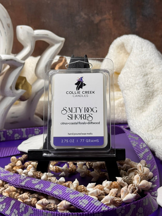 Collie Creek Candles Salty Dog Shores wax melt with decorative elements on a purple surface.