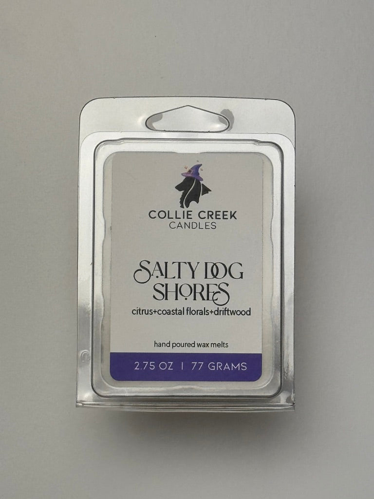 Collie Creek Candles Salty Dog Shores wax melt packaging on a gray background