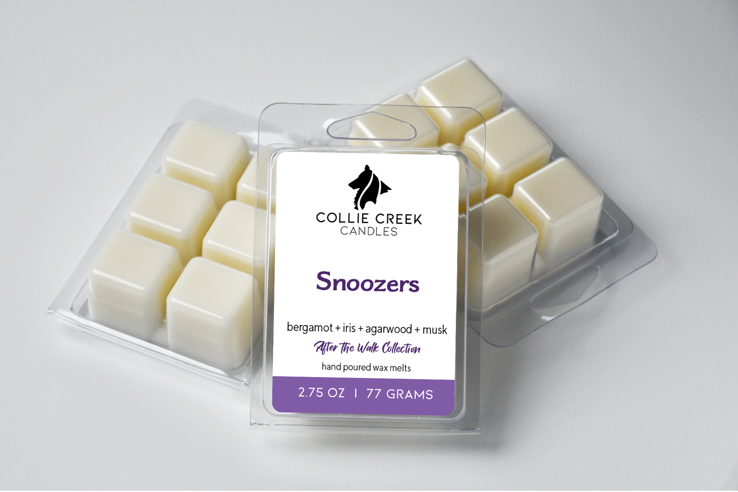 Grouping of wax melts in clear clam shells, Snoozers in purple on the label.