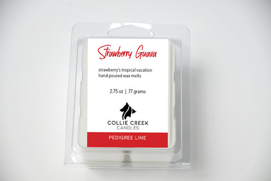 Single, recylable plastic 6 cell, wax melt clam shell. Label has red and black writing with the scent name and weight. Collie creek candles logo is centered towards the bottom of the label, featuring a silhouette of a collie head in profile.