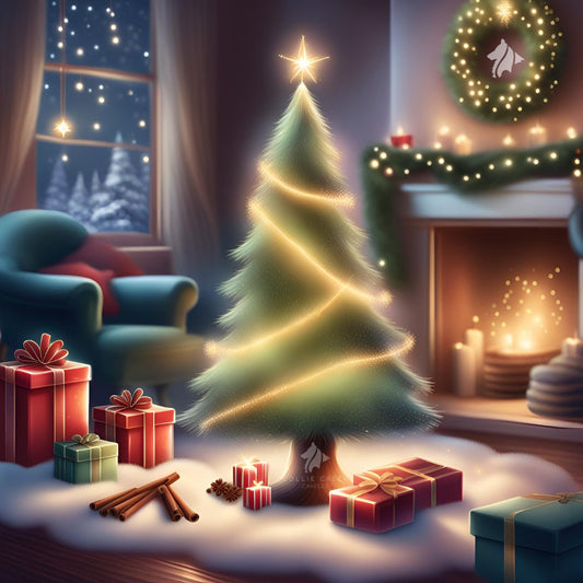 Classic Christmas living room. tree in the center of the room, lit fire place, presents, cinnamon sticks and cardamom seeds under the tree. A snowy scene is visible through open curtain windows. It is night time. AI generated image.