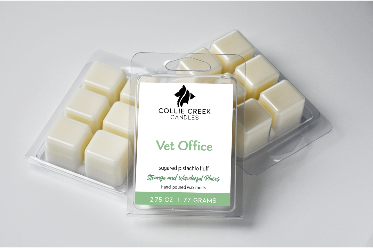 Collie Creek Candles Vet Office wax melts packaging on a white background