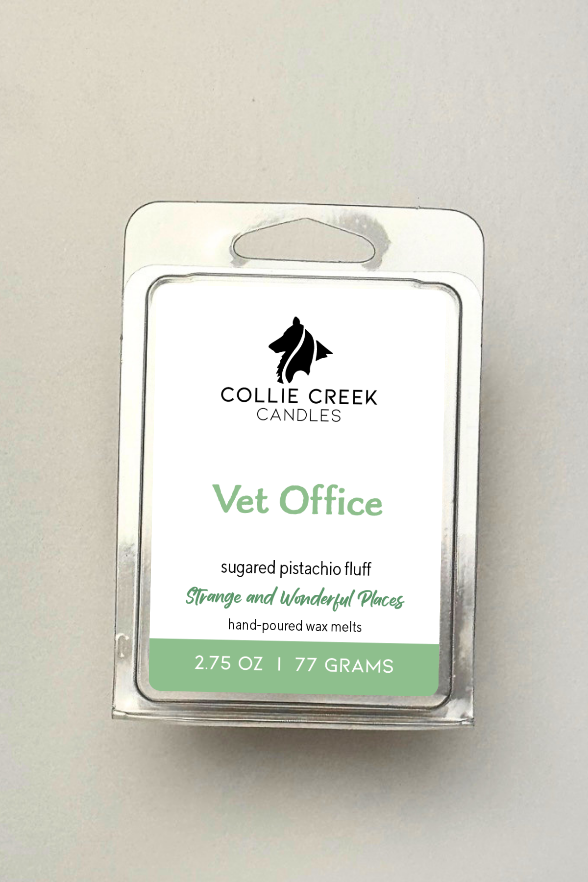 Collie Creek Candles Vet Office wax melt packaging on a light gray background