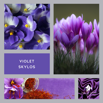 Violet Skylos mood board with various images of flowers and purple satin.