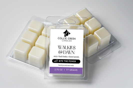 Grouping of 3 naturally colored wax melts. Label is white with black text and reads Walkies at Dawn from the Bite the Power Collection.