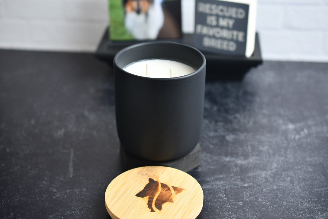 Image of double wicked black ceramic candle.