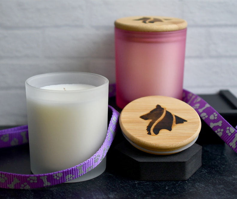 Single cotton wick 8oz candles in frosted white and frosted pink glass vessels. A purple and silver dog leash wraps around the products which feature a hand-branded wooden lid.