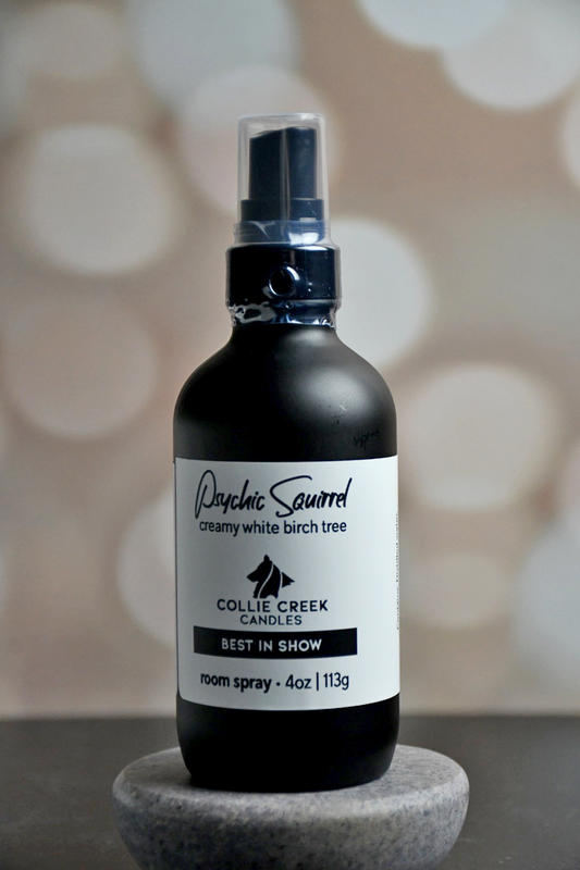 4 oz matte black bottle with white label with black lettering. This room spray comes in many scent profiles. This scent profile is called Psychic Squirrel and is a creamy, white birch tree fragrance, from Collie Creek Candles.
